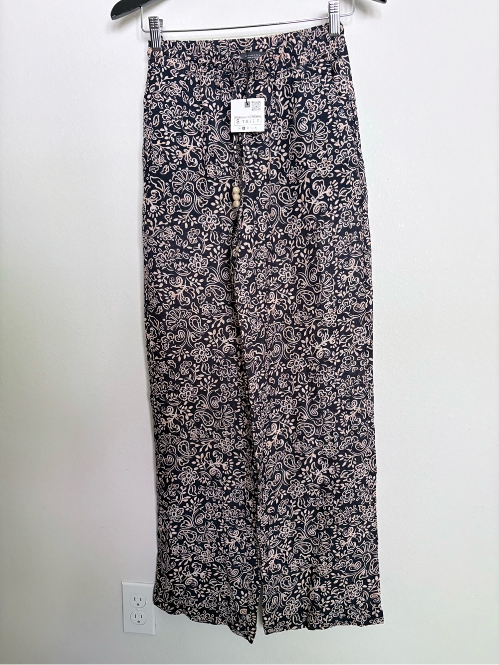 NWT Zara Floral Paisley Wide Leg Palazzo Pants Cotton Boho Navy Cream, Small